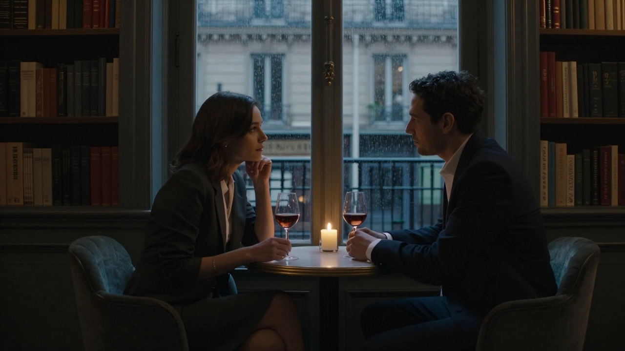 A man and woman sitting across from each other in a quiet hotel lobby, sharing a quiet moment with wine and candlelight.