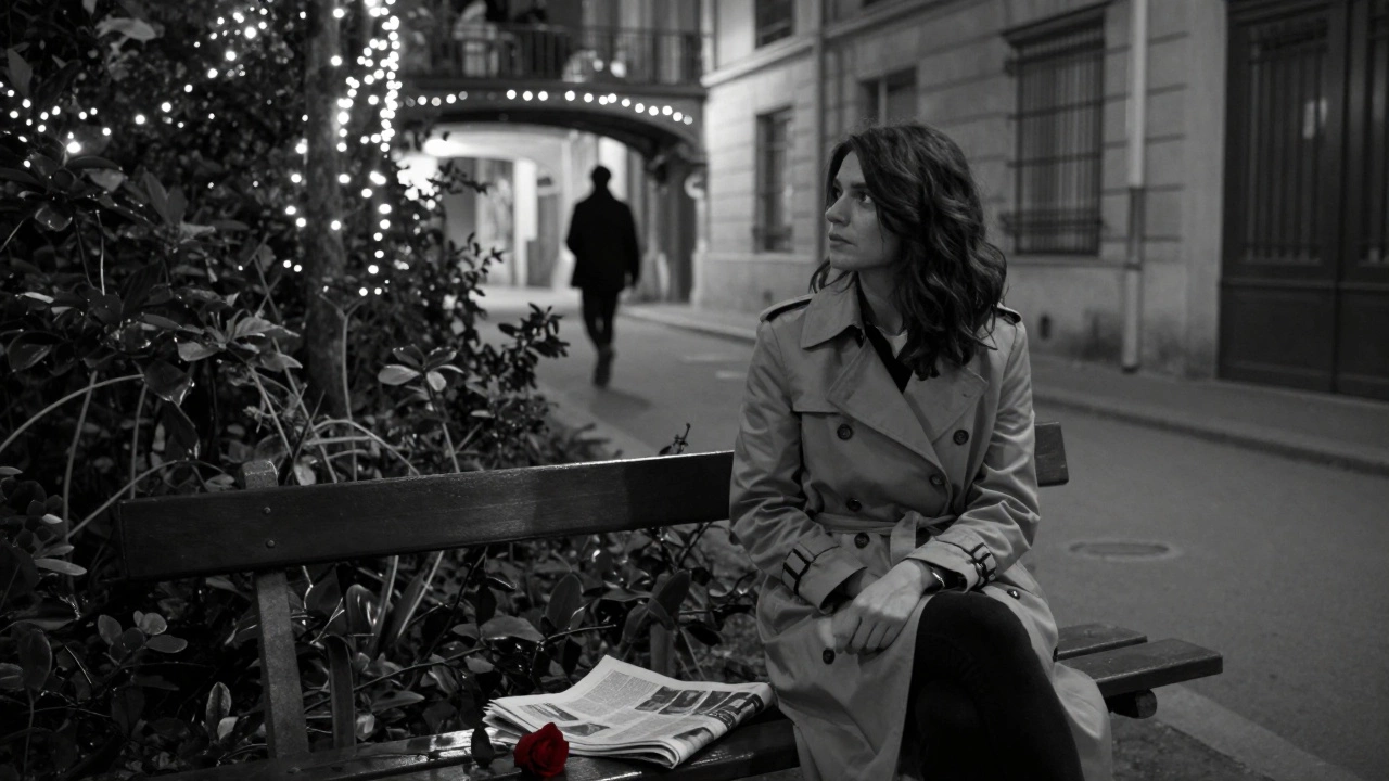 A woman sitting alone on a garden bench in Paris at night, a rose and newspaper beside her, string lights glowing in the background.